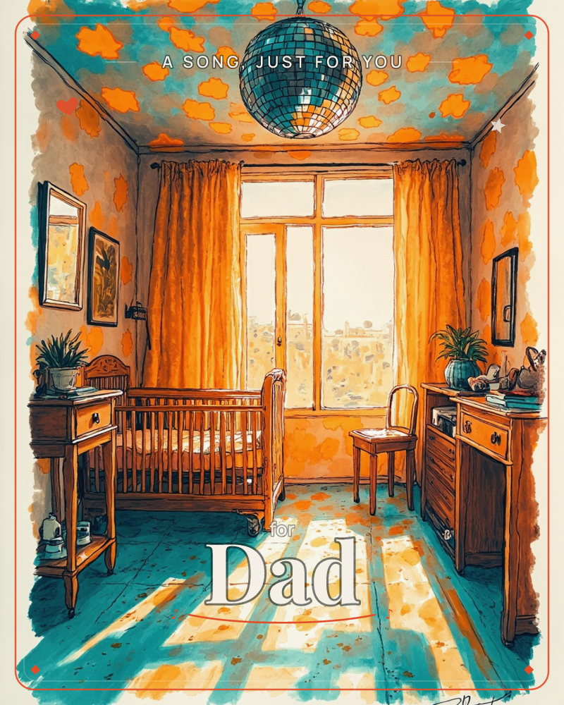 A cosy nursery glows in warm orange light, with a wooden crib centred beneath a tall curtained window and a disco ball hanging unexpectedly from the…, a just because e-card design