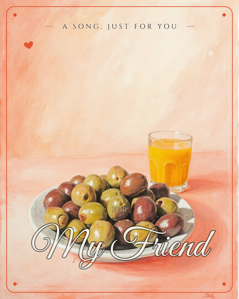 A shallow white bowl heaped with plump green and deep-purple olives sits beside a small glass of vivid orange juice, all set against a warm…, a just because e-card design