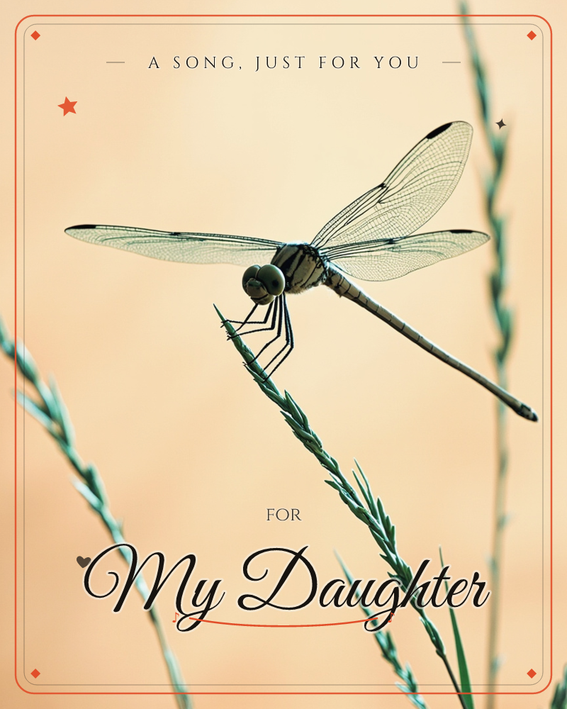 A dragonfly perches lightly on the tip of a slender grass seed head, its four gossamer wings spread wide and catching the light, a just because e-card design
