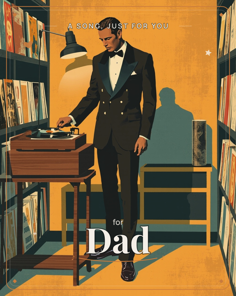 A tuxedoed man lowers the needle on an old record player, golden lamplight and long shadows filling a wall of vinyl-lined shelves, a just because e-card design