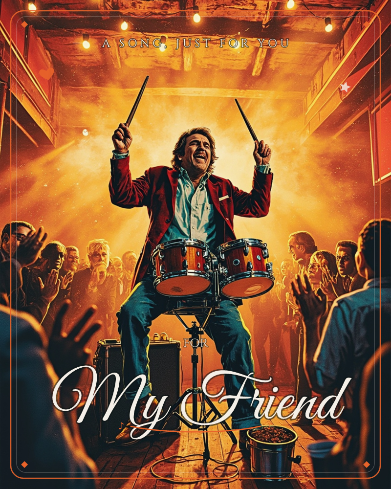 A man in a red jacket sits at a small drum kit, drumsticks thrown triumphantly overhead, mouth open in a shout of joy as warm golden light blazes…, a just because e-card design