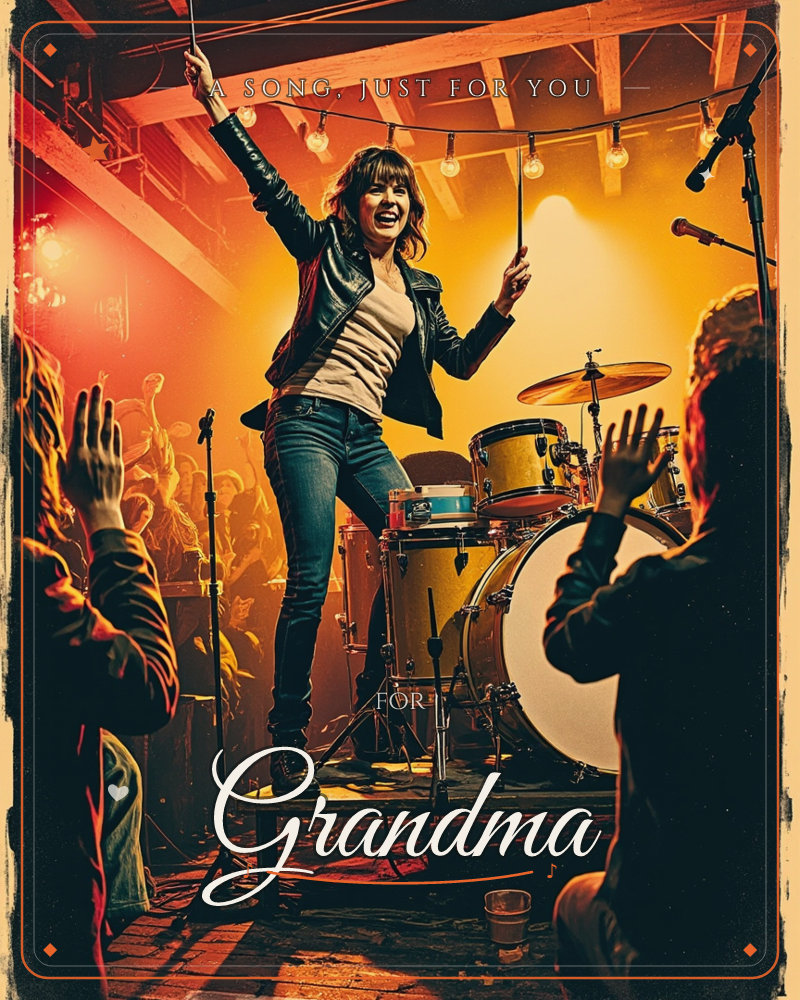 A woman in a leather jacket stands triumphant on a small stage beside a gold drum kit, one arm thrown up with a drumstick in hand as string lights glow…, a just because e-card design by @AstroMaverick