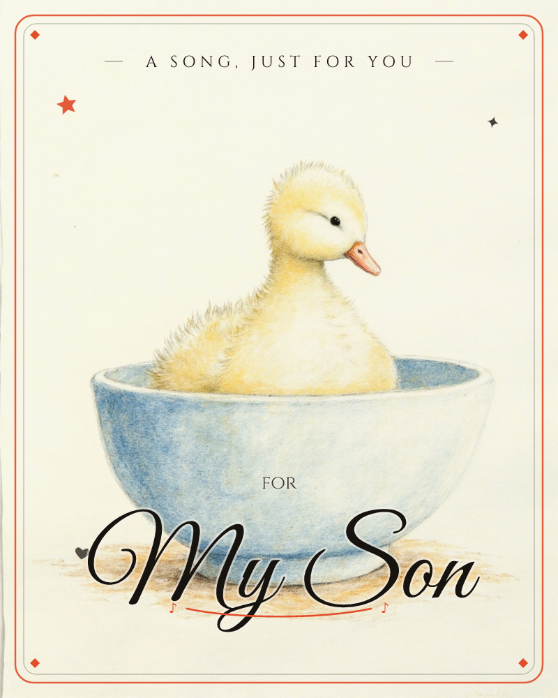 A fluffy yellow duckling sits nestled inside a pale blue bowl, its downy feathers rendered in soft pencil strokes against a plain cream background, a just because e-card design