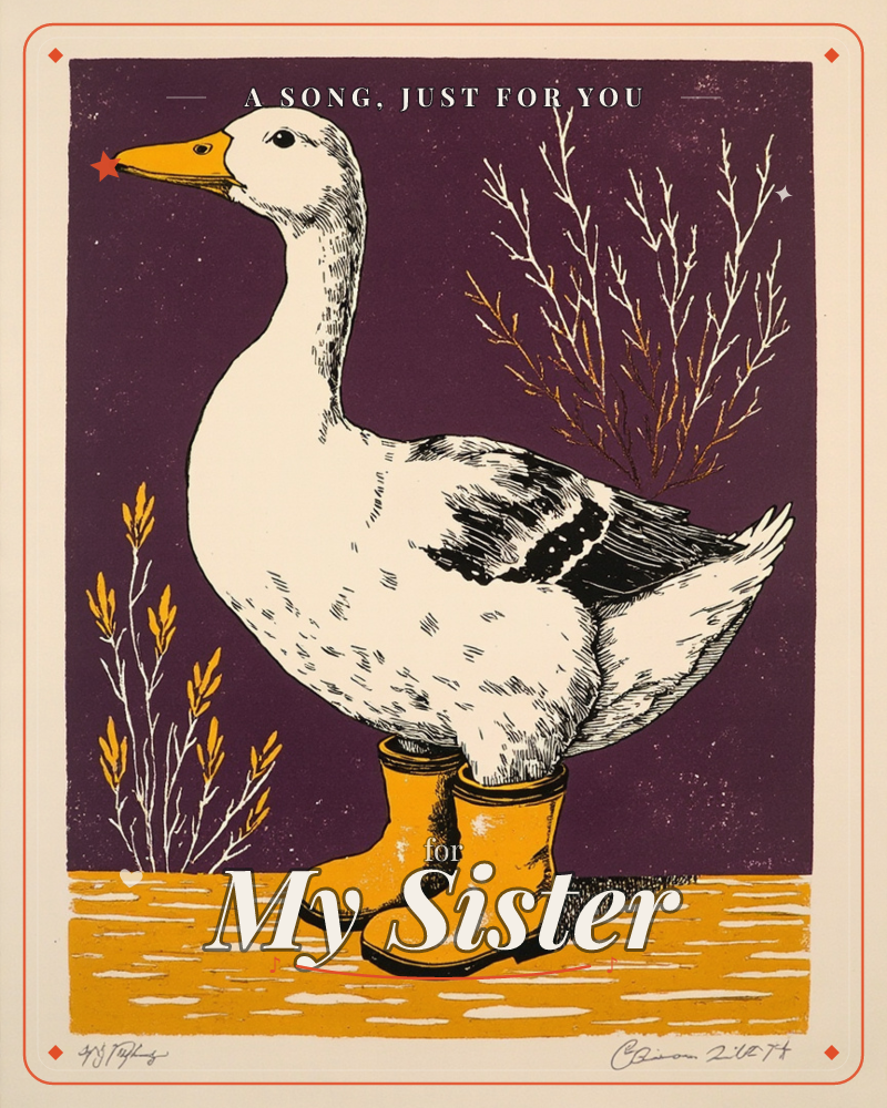 A white goose with black-flecked wings stands proudly in a pair of mustard-yellow rubber boots against a deep plum background, a just because e-card design