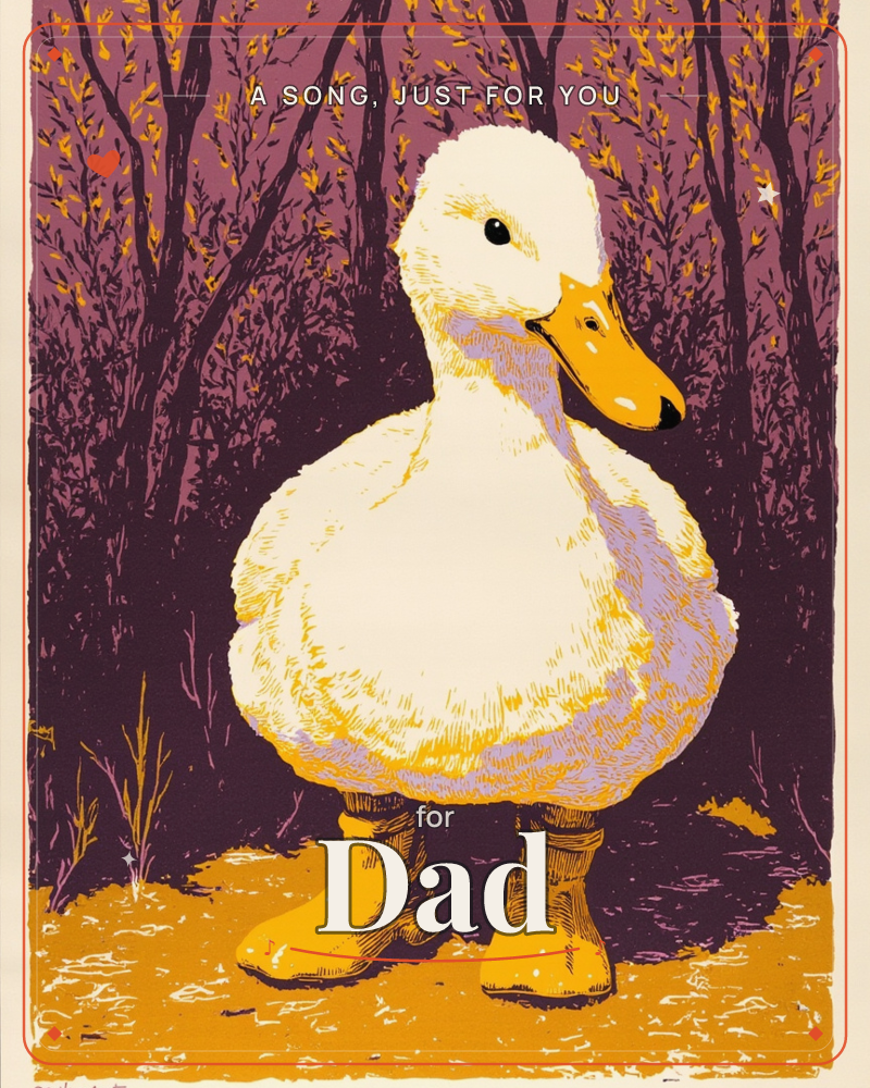 A plump white duck with a bright orange bill stands squarely in oversized rubber boots, facing sideways against a dense thicket of dark plum-coloured…, a just because e-card design