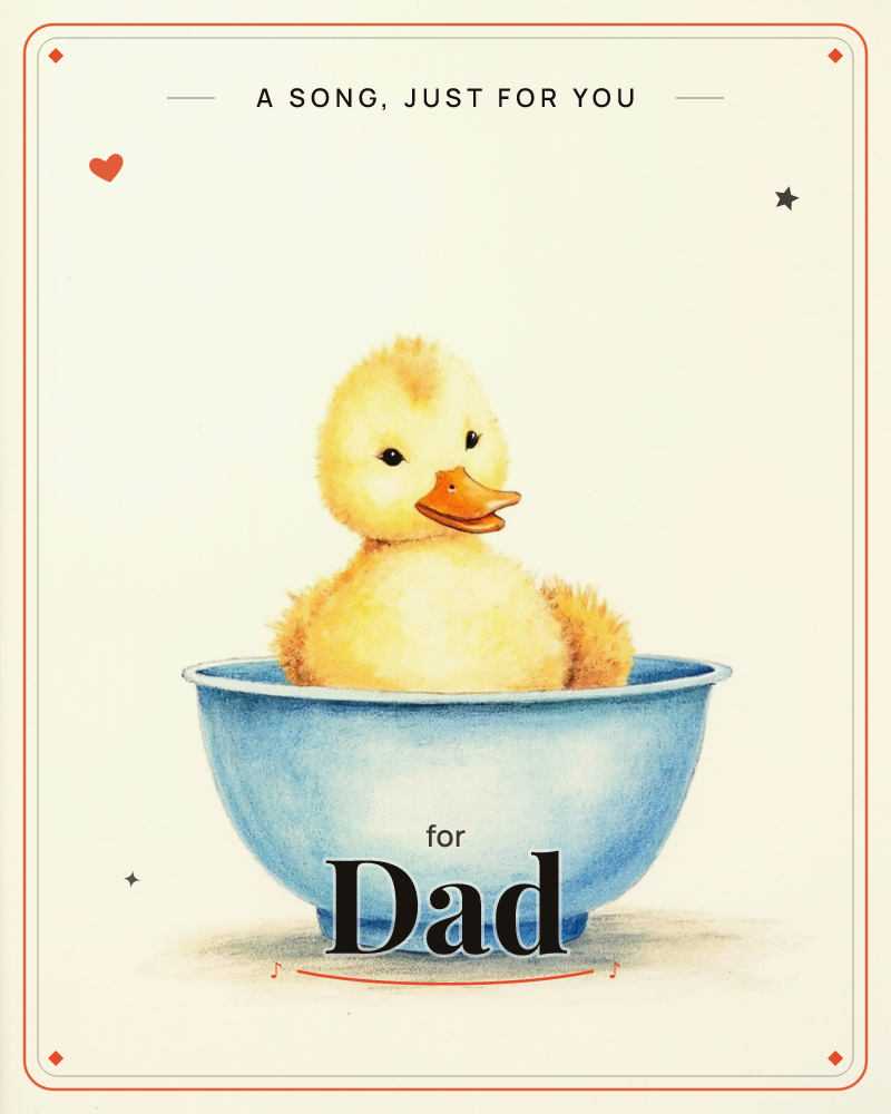 A fluffy yellow duckling sits snugly inside a pale blue bowl, its round body filling the rim almost to overflowing, a just because e-card design