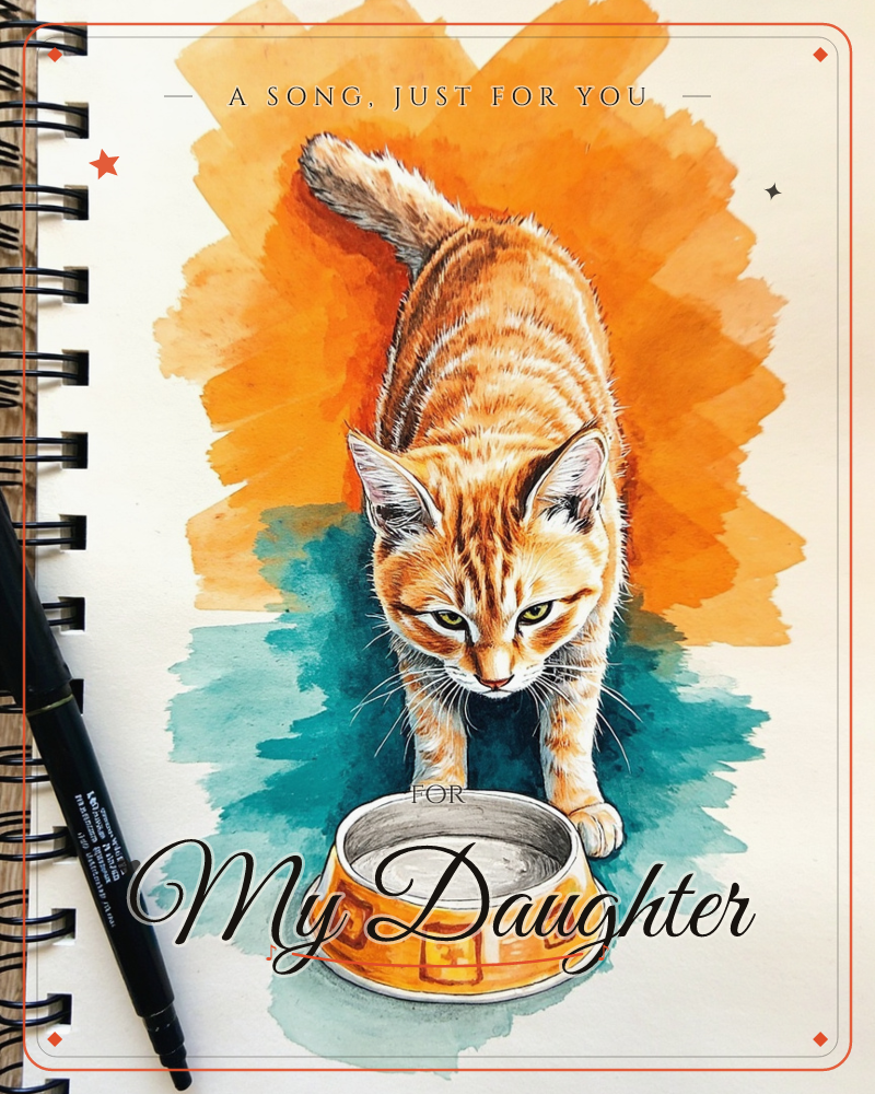 A ginger tabby cat stands over an empty food bowl, staring straight ahead with a slightly unimpressed expression, a just because e-card design