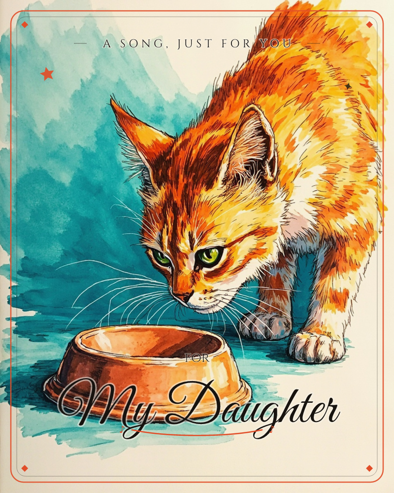 An orange tabby kitten with vivid green eyes leans down to inspect a copper-toned food bowl, its fur rendered in loose, streaky watercolour strokes…, a just because e-card design