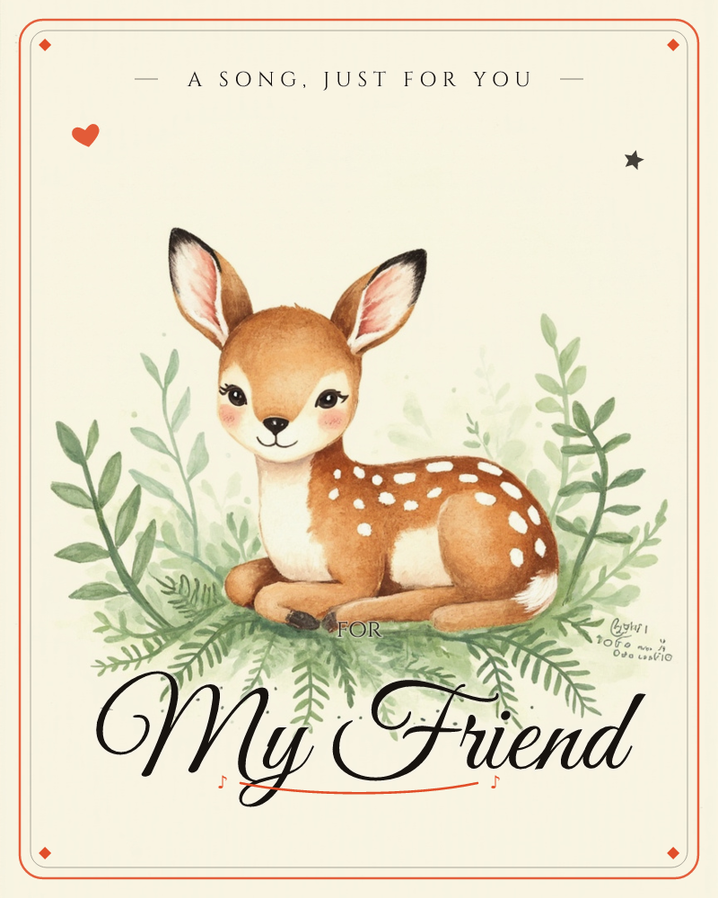 A speckled fawn with big pink-lined ears curls up on a bed of soft green ferns and leafy sprigs, its legs tucked neatly beneath it, a just because e-card design