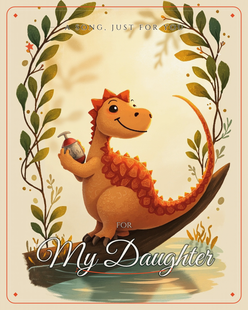 A friendly orange dinosaur with a spiky, ridged back stands smiling on a curved dark branch above calm water, holding a small jar in one paw, a just because e-card design
