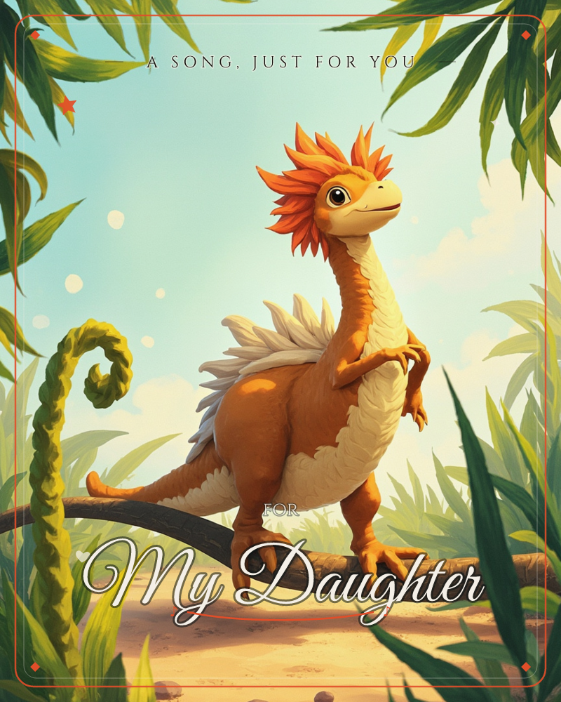 A small, feathered dinosaur-bird creature perches on a curved branch, framed by tall jungle leaves and a fiddlehead fern, a just because e-card design