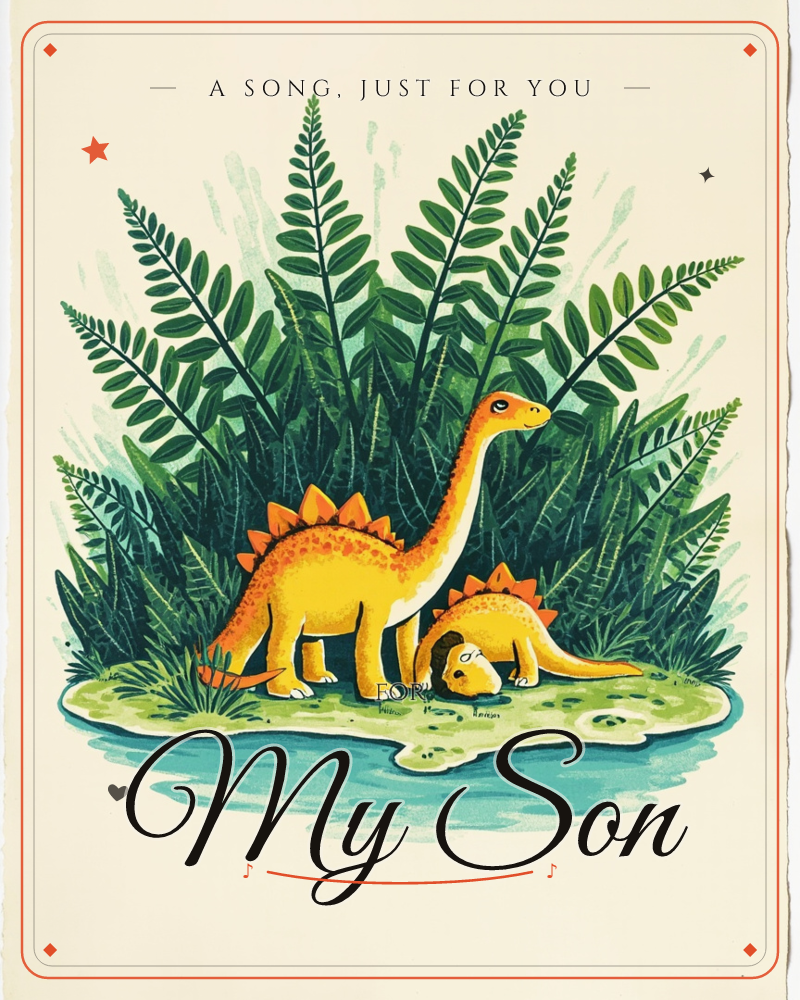 Two golden-yellow dinosaurs with orange spiked backs stand on a grassy bank in front of tall feathery ferns, one craning its long neck upward while the…, a just because e-card design
