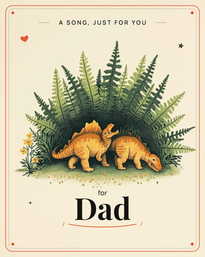 Two orange-gold stegosaurus-like dinosaurs stand nose to nose in a patch of grass, framed by a fan of dark and pale green ferns and a small cluster of…, a just because e-card design