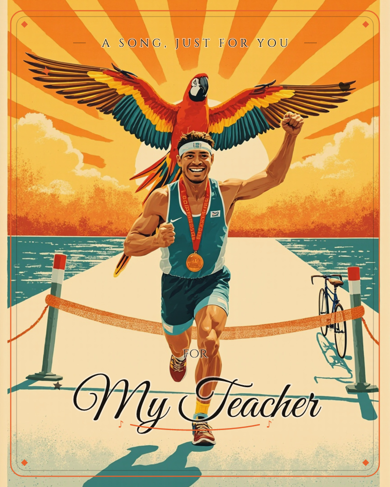 A man crosses a finish line marked by an orange tape strung between two striped posts, arms raised in triumph, a medal on a red ribbon around his neck, a just because e-card design by @MidnightLyric