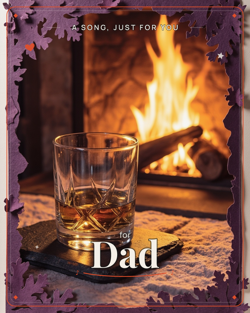 A cut-glass tumbler of whisky sits on a slate coaster in front of a roaring stone fireplace, the flames glowing gold behind a burning log, a just because e-card design