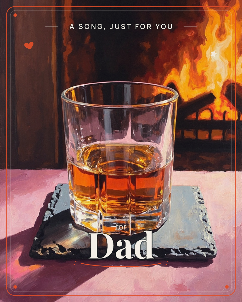 A cut-glass tumbler of amber whisky sits on a dark slate coaster, glowing warm against a crackling open fire behind it, a just because e-card design