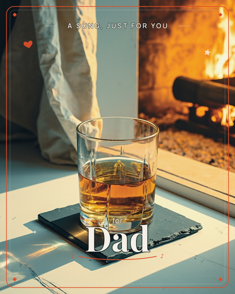 A tumbler of whisky sits on a dark slate coaster beside a lit fireplace, the amber liquid glowing against the flames burning behind it, a just because e-card design
