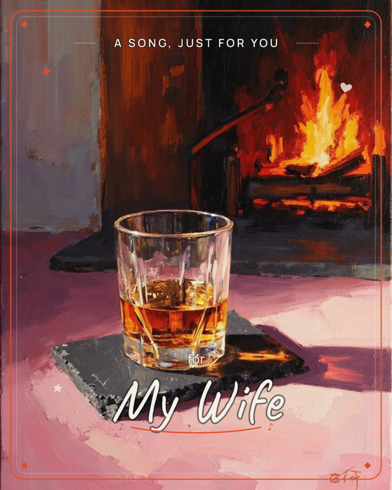 A cut-glass tumbler of whisky sits on a slate coaster in front of a roaring open fire, its amber contents catching the firelight, a just because e-card design