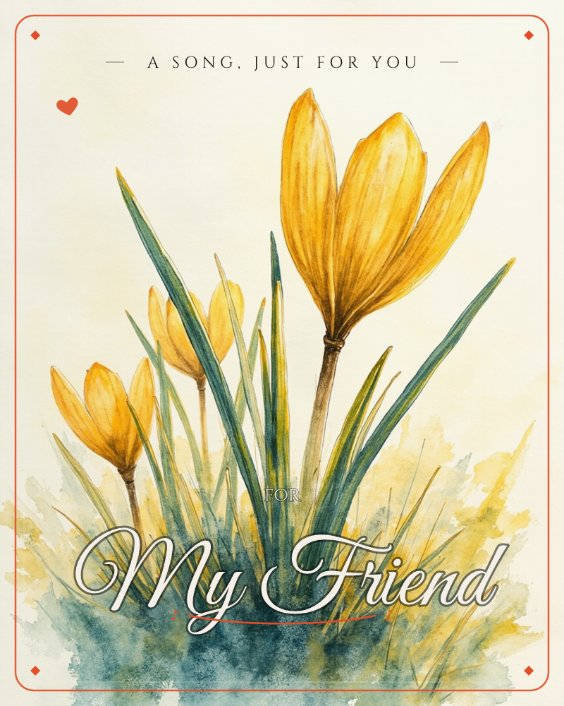 A cluster of golden-yellow crocuses opens on tall slender stems, their petals painted in loose watercolour washes against a soft cream background, a just because e-card design