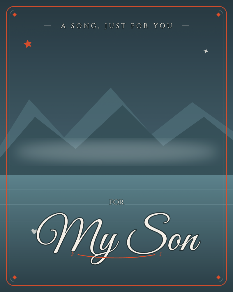 A minimalist landscape of layered dark teal mountain peaks fading into a hazy horizon, with a soft glowing band of mist settled low across the valley, a just because e-card design by @DittyCityTeam