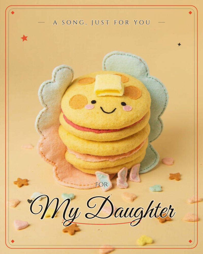 A plush stack of pancakes with a felt pat of butter on top sits smiling against soft mint-blue wings, its layers filled with strawberry and cream…, a just because e-card design