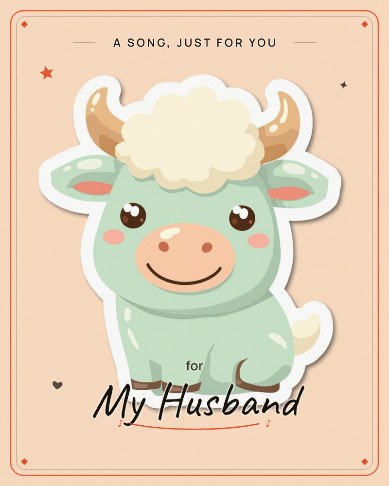 A sticker-style illustration shows a rounded baby ox with mint-green skin, a fluffy cream tuft of hair, and small curled horns, sitting against a soft…, a just because e-card design