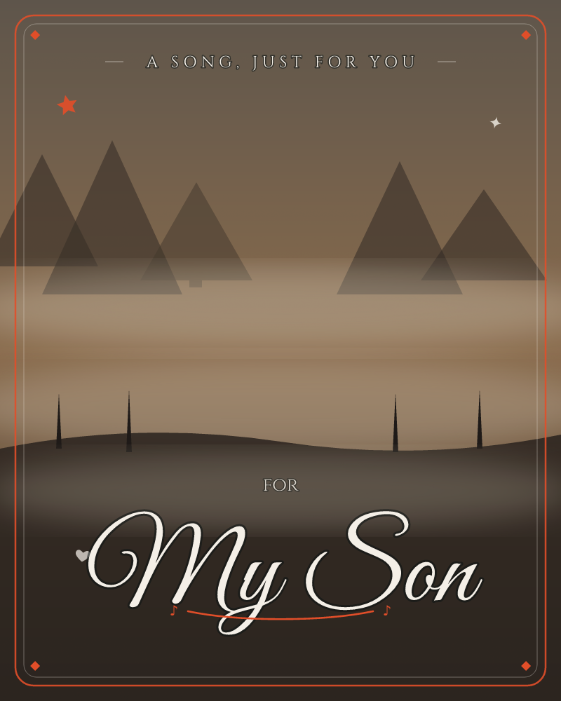 A minimalist landscape at dusk shows layered triangular mountain peaks fading into a hazy sepia sky, with a rolling dark hill in the foreground dotted…, a just because e-card design by @DittyCityTeam