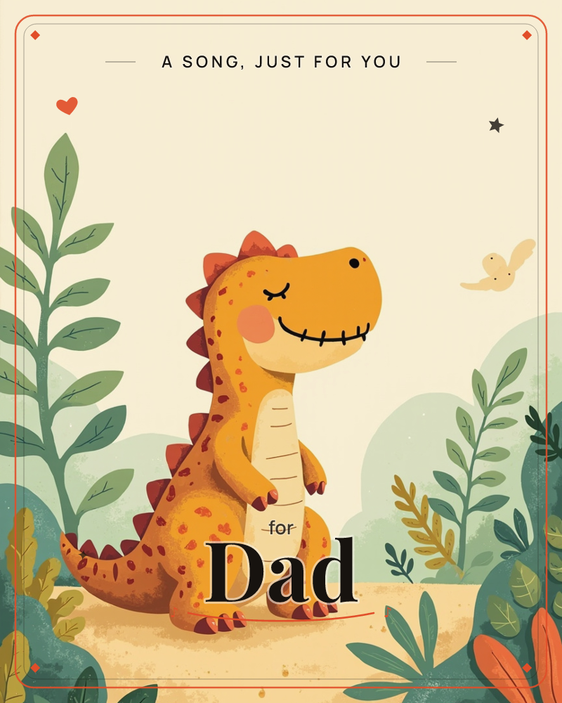 A cheerful orange dinosaur stands smiling with eyes closed on a sandy path, surrounded by tall green leaves and soft rounded hills, a just because e-card design