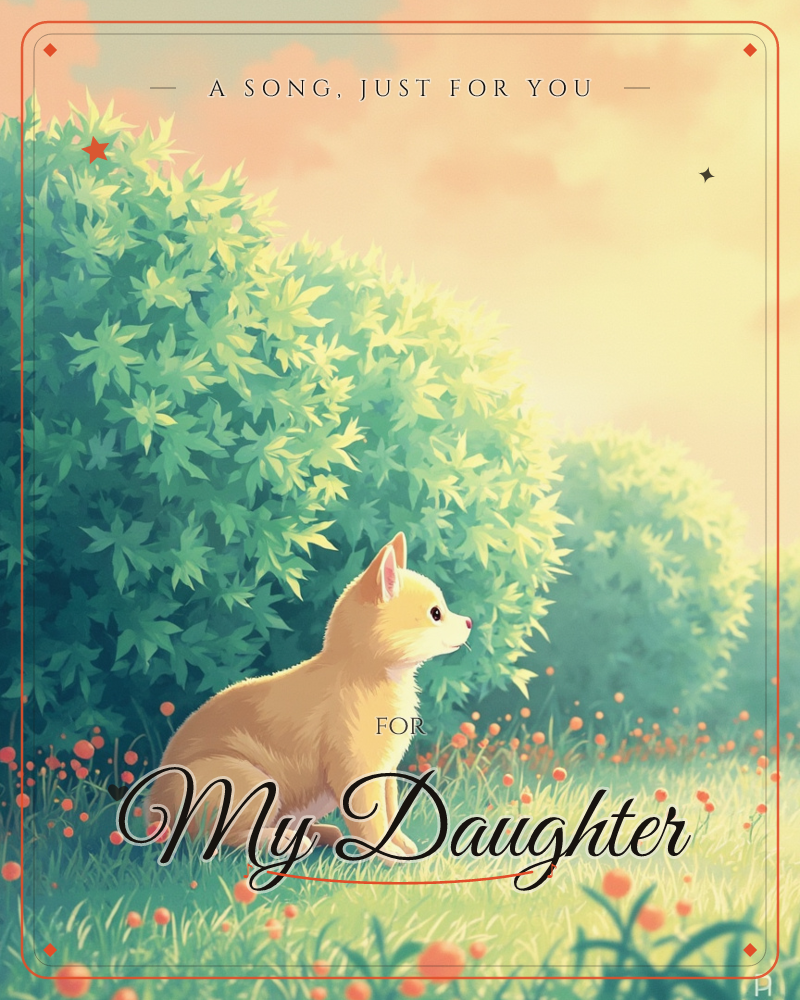 A small tan puppy sits alert in a meadow beside a rounded, leafy hedge, gazing off to the side as tiny orange wildflowers dot the grass around it, a just because e-card design