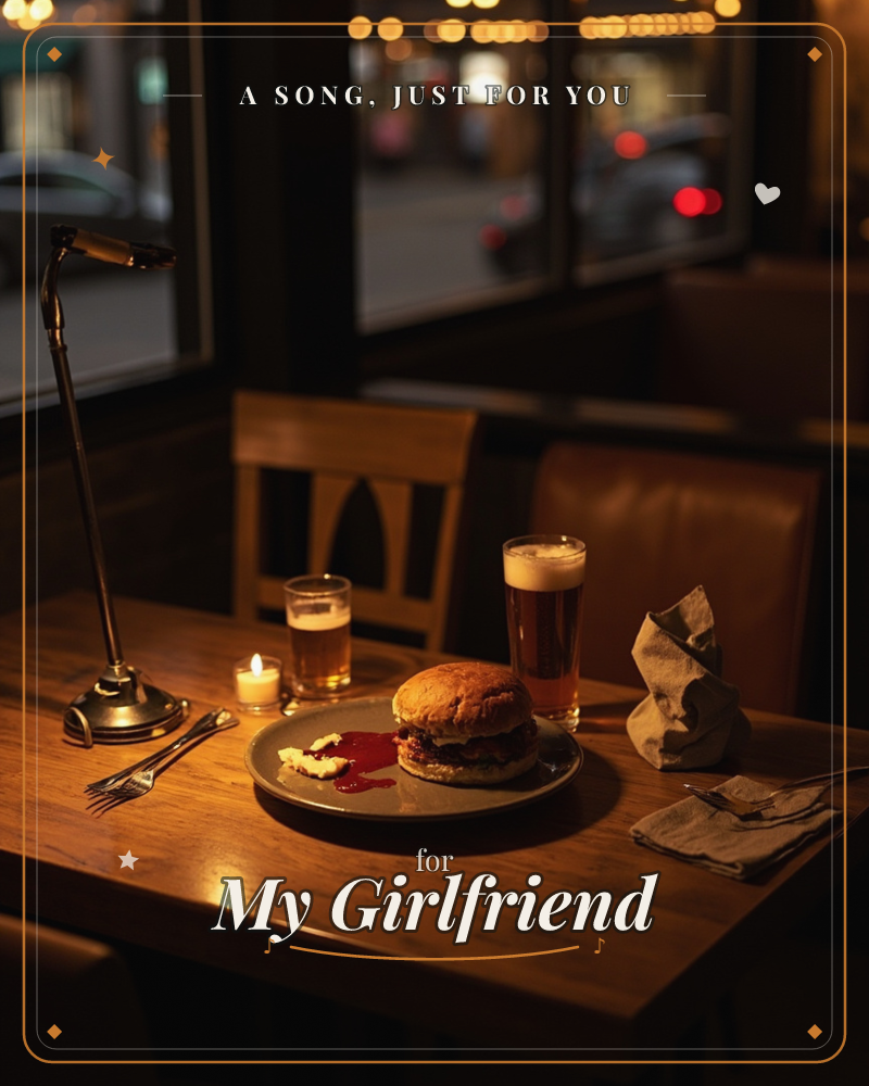 Candlelit corner table in a late-night city diner, two glasses of beer glowing amber, rain-streaked headlights blurring past the window into the dark…, a just because e-card design by @DittyCityTeam