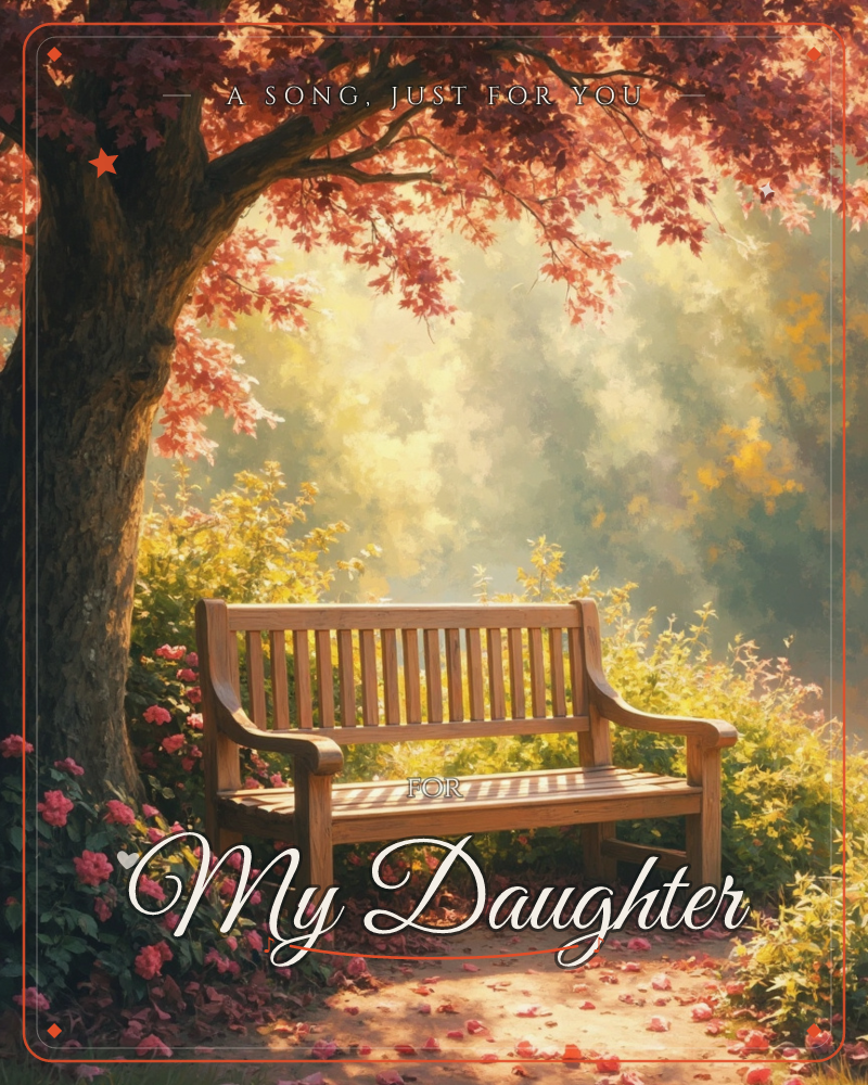An empty wooden bench sits beneath a tree with deep red-pink foliage, sunlight filtering through the leaves onto a path scattered with fallen petals, a just because e-card design