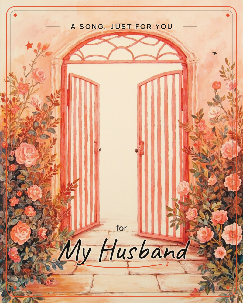 An arched coral-red gate stands open at the end of a stone path, its fanlight glowing with soft light beyond, a just because e-card design