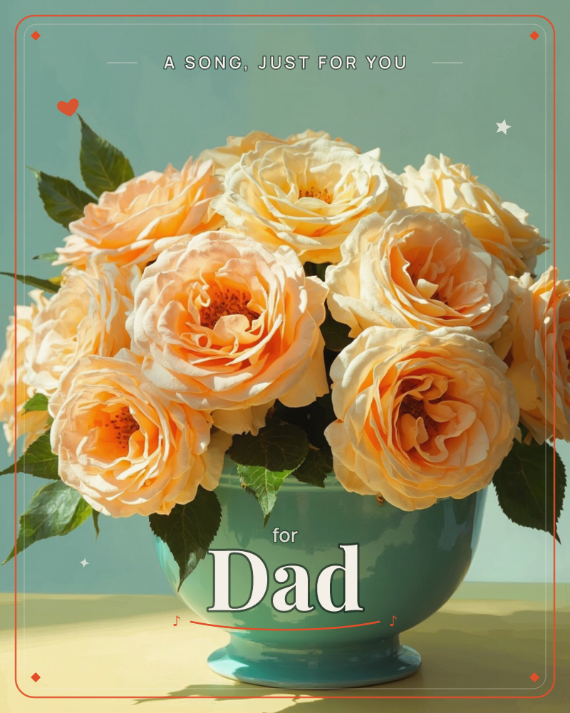 A rounded teal ceramic bowl holds a full arrangement of peach and cream roses, their ruffled petals catching warm sunlight against a soft sage-green…, a just because e-card design