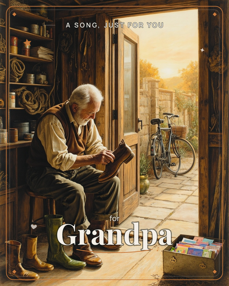 An older man with white hair and a full beard sits on a low wooden stool inside a cluttered wooden shed, holding a brown leather shoe in both hands…, a just because e-card design