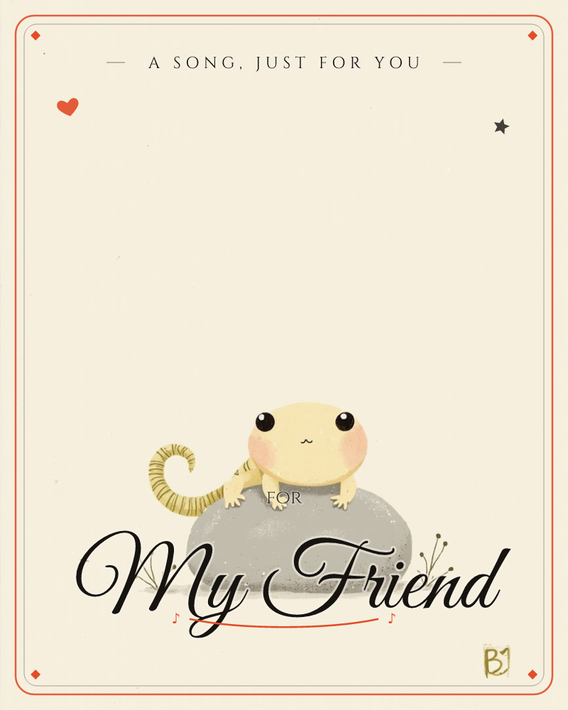 A small yellow salamander with rosy cheeks and a curled striped tail perches on a smooth grey rock against a plain cream background, a just because e-card design