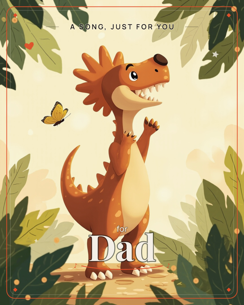 A cheerful orange dinosaur with a spiky crest stands on its hind legs, grinning wide and reaching a clawed hand up toward a small yellow butterfly…, a just because e-card design
