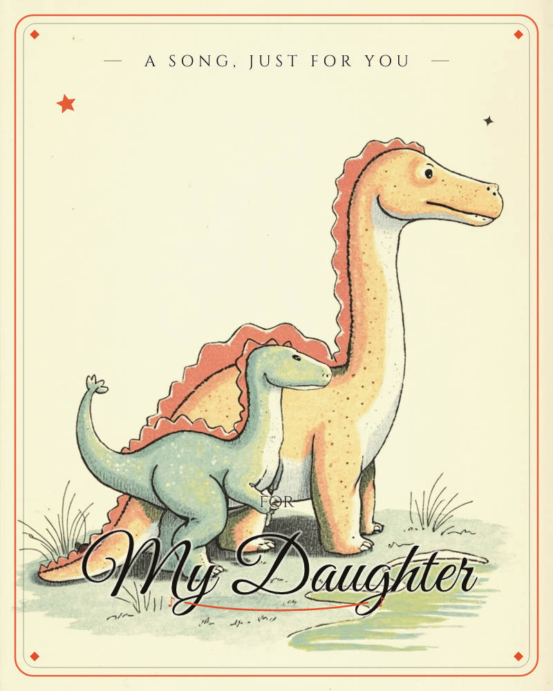 Two long-necked dinosaurs, one peach-toned and one soft grey-green, stand together on a patch of grass beside a winding stream, a just because e-card design