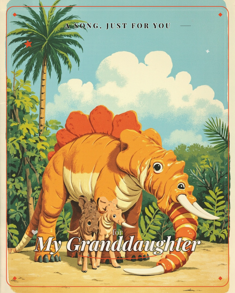 A fantastical orange creature with a striped elephant trunk, curved tusks, and a row of dinosaur-like spiked plates along its back stands in a bright…, a just because e-card design