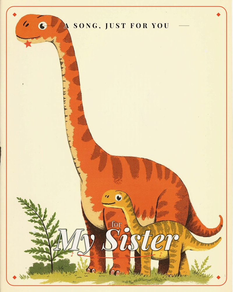 A tall orange long-necked dinosaur stands beside a smaller yellow one on a patch of green grass, a single fern sprig to the left, a just because e-card design