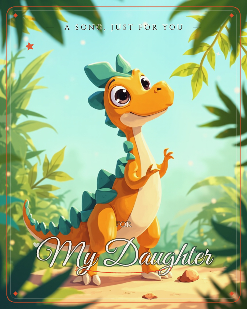 A cheerful orange dinosaur with a cream belly and teal spines stands on a sandy path, framed by lush green jungle leaves, a just because e-card design