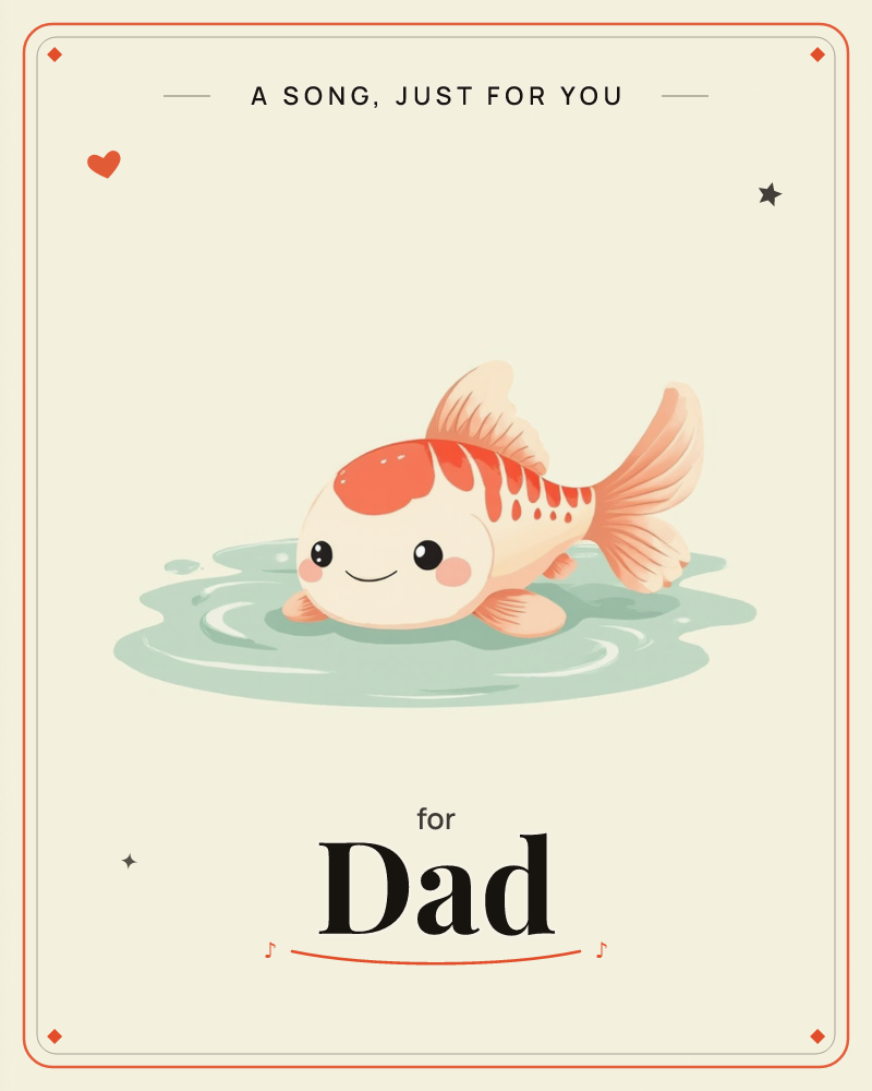 A round-cheeked koi fish with orange and cream patches rests on a pale sage puddle of water, its tail curling up behind it and a small smile on its face, a just because e-card design