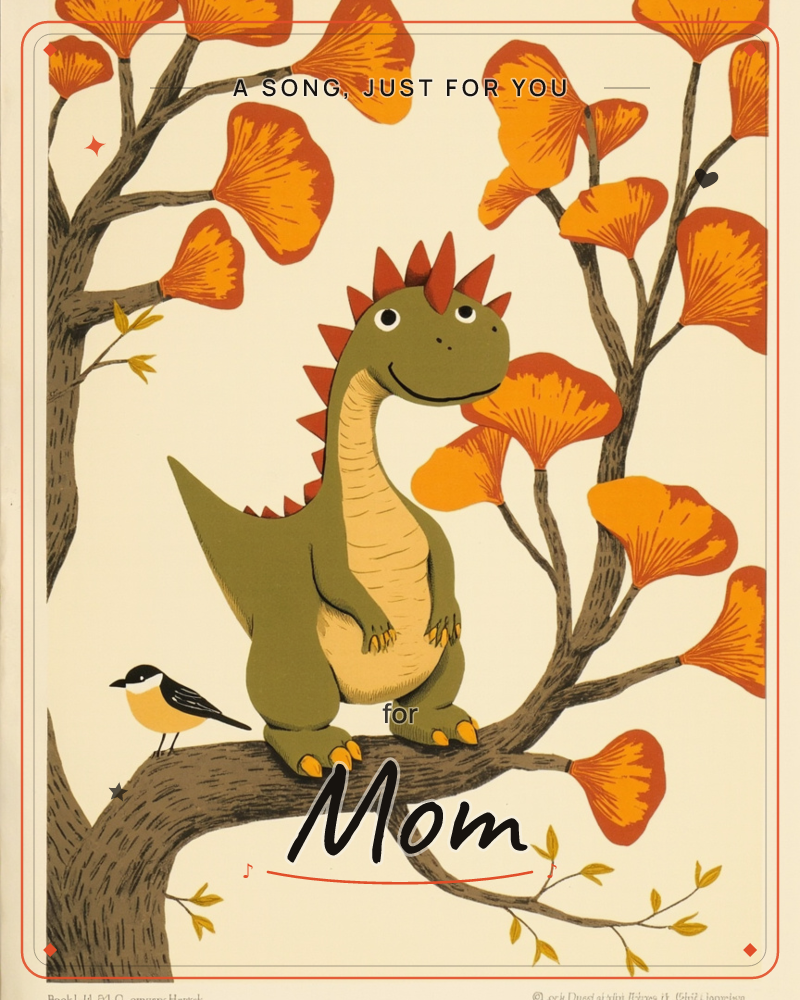 A cheerful green dinosaur with a row of red-orange spikes stands balanced on a curving branch, its long neck bent to smile at a small chickadee perched…, a just because e-card design