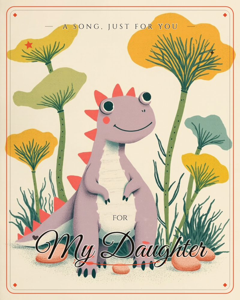 A round-bellied purple dinosaur with coral spikes stands smiling among tall prehistoric ferns and umbrella-shaped fronds in mustard yellow, sage green…, a just because e-card design