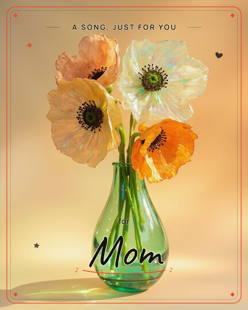 Four poppies with crinkled, tissue-thin petals stand in a small green glass vase, their colours shifting from cream and white to peach and deep orange, a just because e-card design