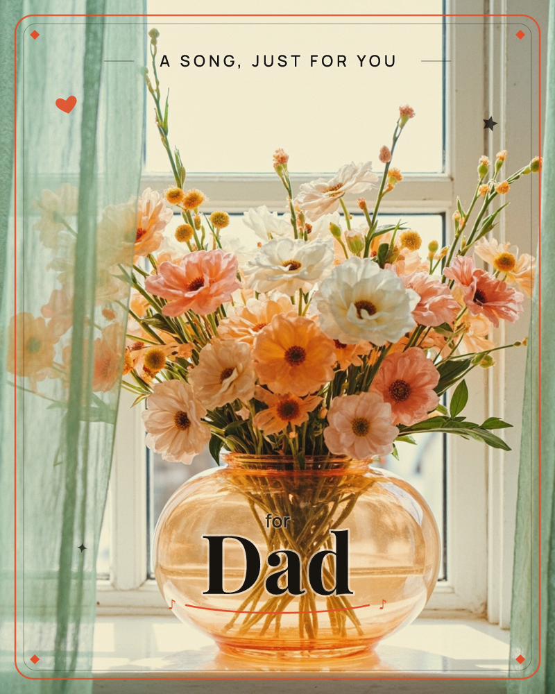 A round peach-glass vase sits on a sunlit windowsill, packed with white and coral poppies, small daisies, and wispy sprigs, a just because e-card design