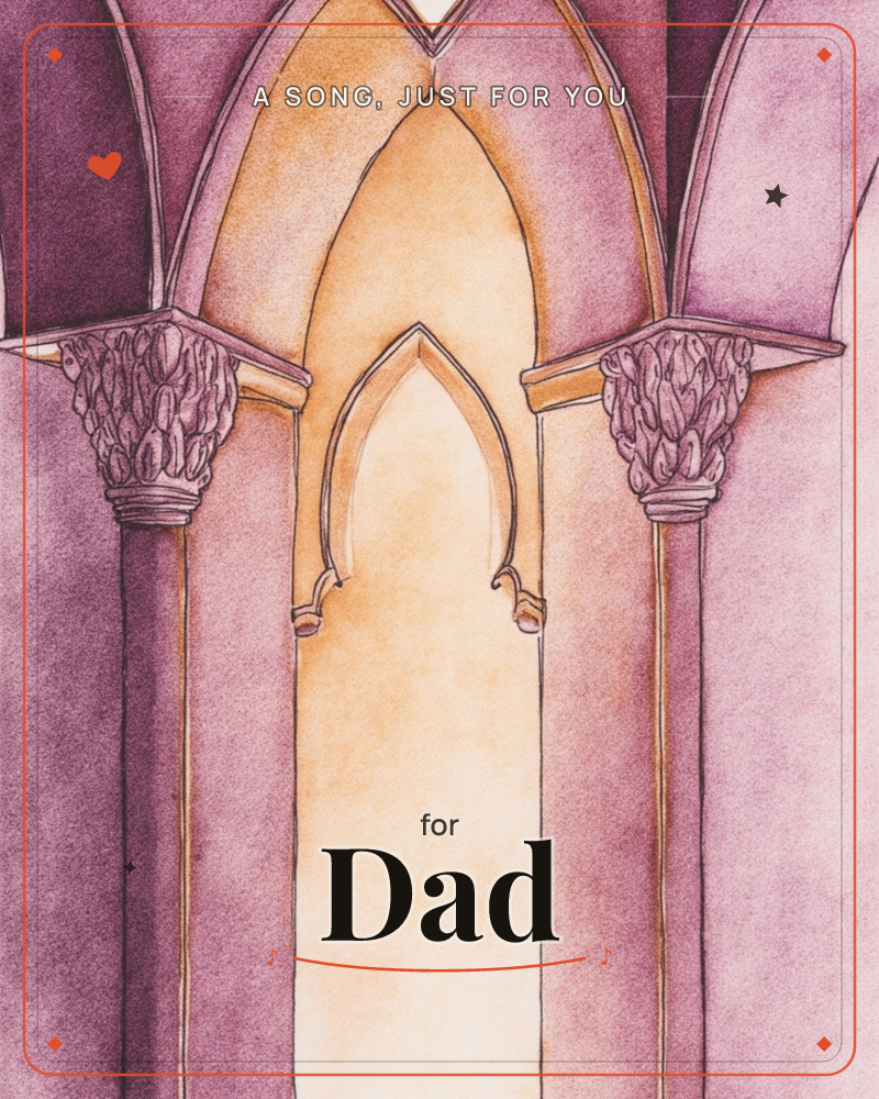 A row of Gothic pointed arches recedes into a glowing archway, their carved capitals rendered in fine crosshatched detail, a just because e-card design