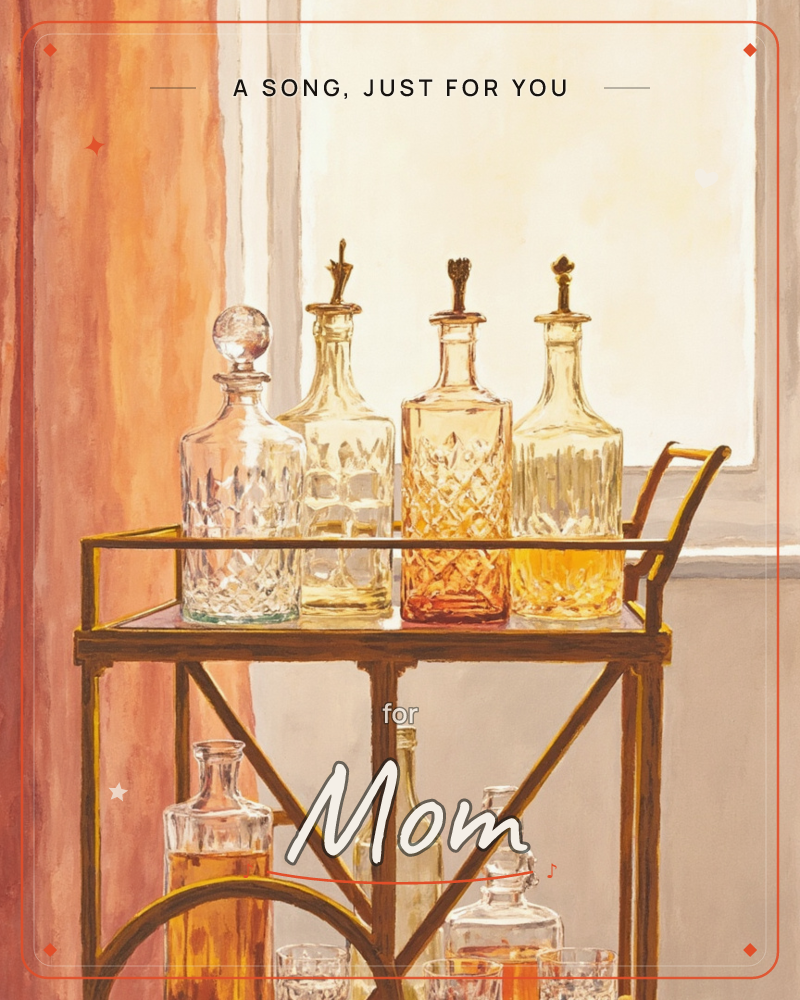 A brass bar cart stands in front of a sunlit window, holding four cut-glass decanters filled with amber, pink, and clear spirits, a just because e-card design