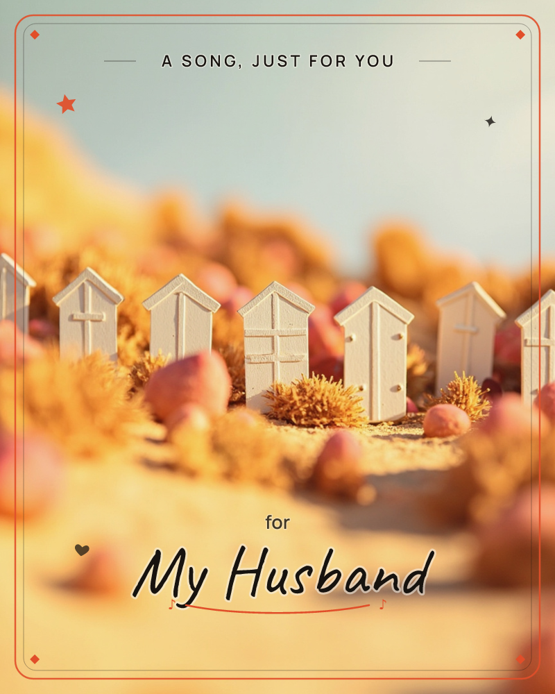 A row of tiny white beach-hut shapes lines a sandy hillside, tucked among golden dune grasses and scattered pink pebbles, a just because e-card design