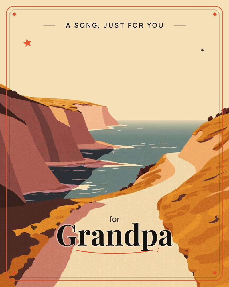 A stylised coastal landscape shows a sandy path winding down between ochre cliffs toward a teal sea, a just because e-card design