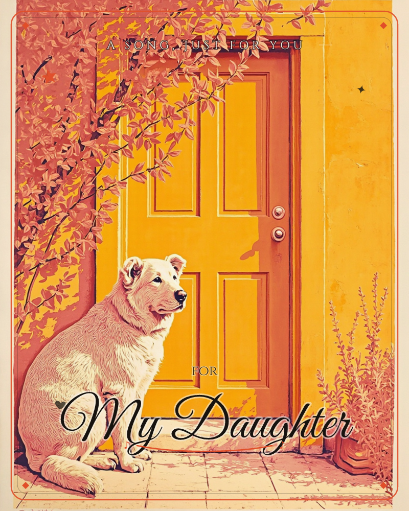 A cream-coloured dog sits patiently on a stone step before a mustard-yellow paneled door, framed by a tree of rust-pink leaves spilling in from the left, a just because e-card design